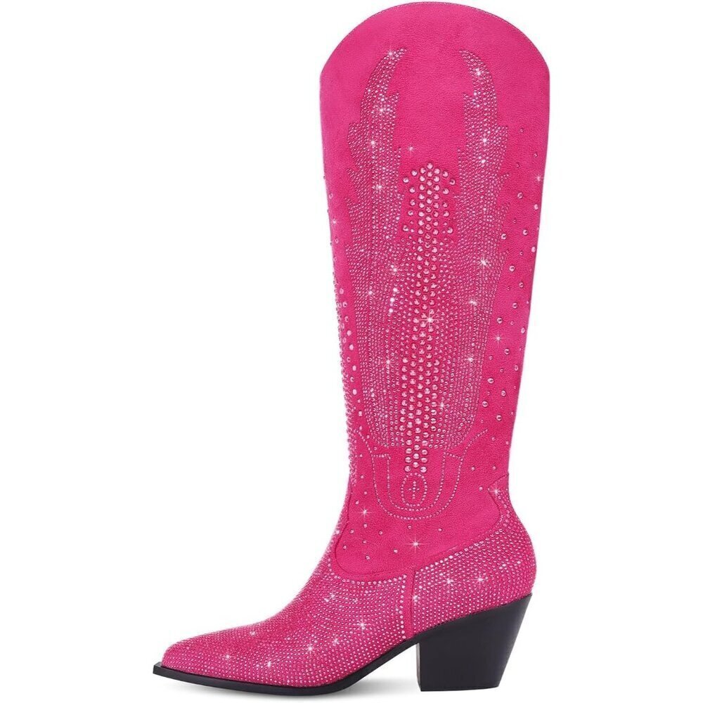 🆕Women Polyurethane Pink Knee High Rhinestone Bling Pointed Toe Cowgirl Western - Picture 2 of 6
